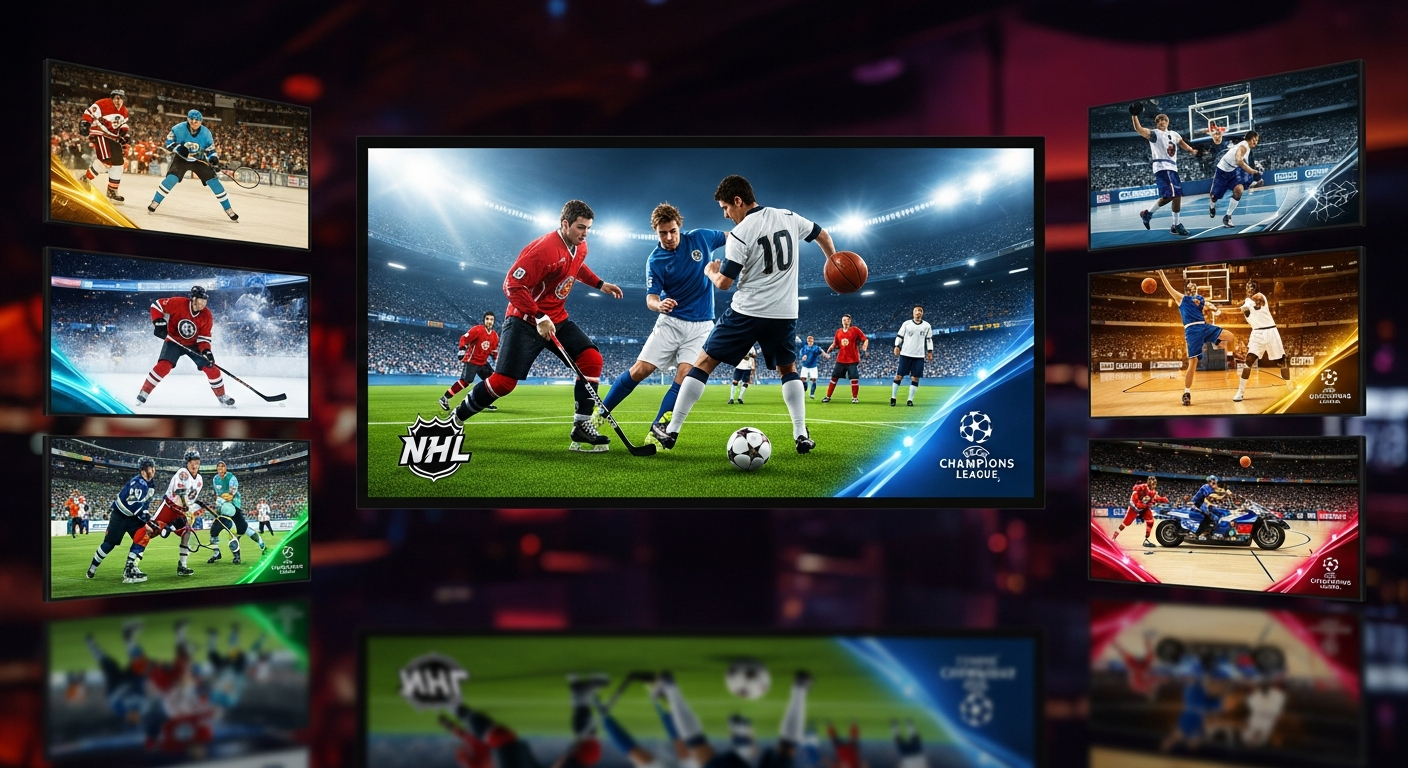 Internationella sportkanaler montage med fotboll, hockey och basket på flera skärmar