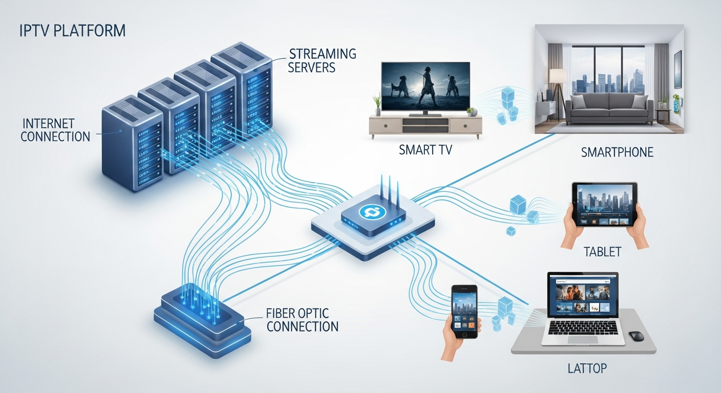 IPTV-teknologi infografik som visar hur streaming fungerar med servrar, internetanslutning och enheter