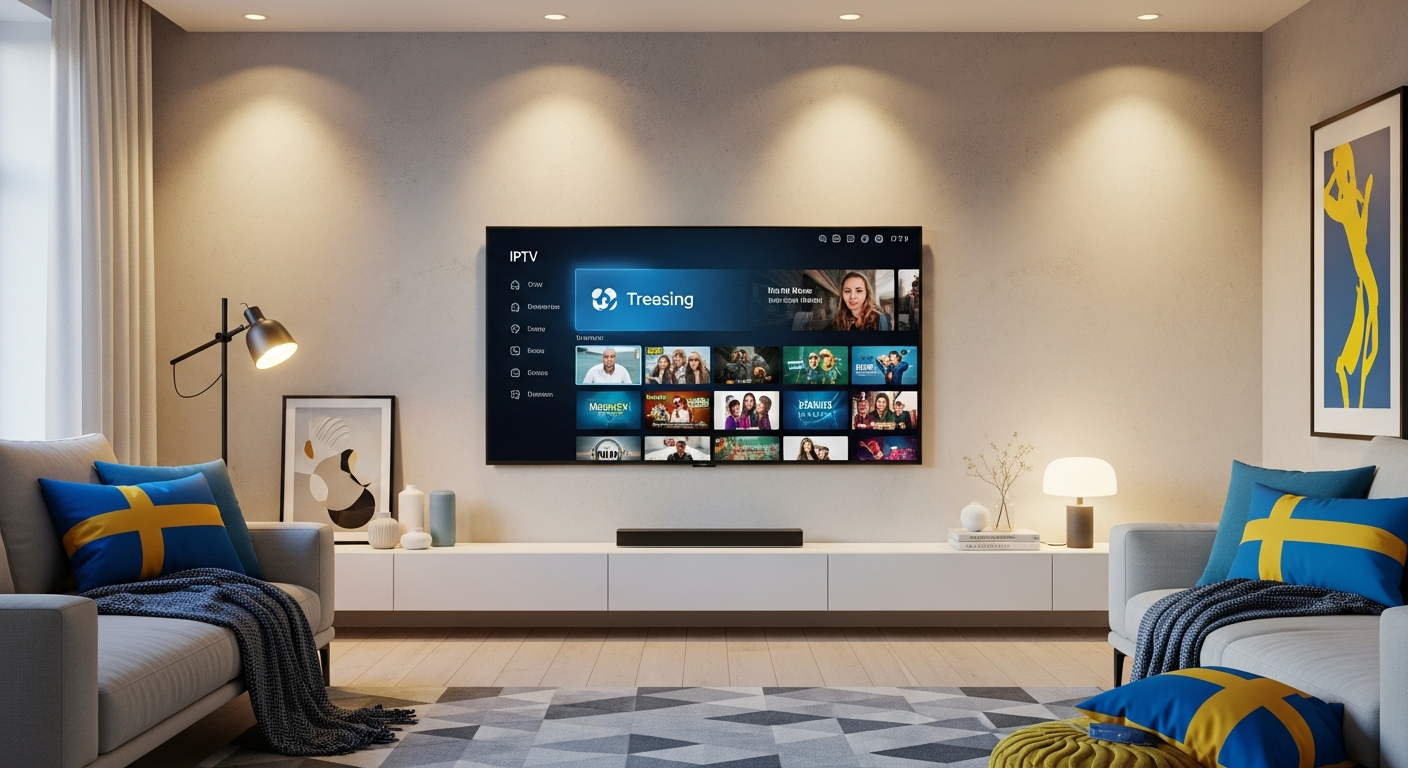 Modern nordisk vardagsrum med IPTV-streaming på stor smart-TV, skandinavisk inredning med svenska flaggans färger blått och gult